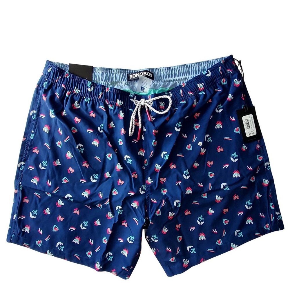 Bonobos Mens XL Swim Trunks With Liner Navy Multicolor Heart Print Elastic Waist